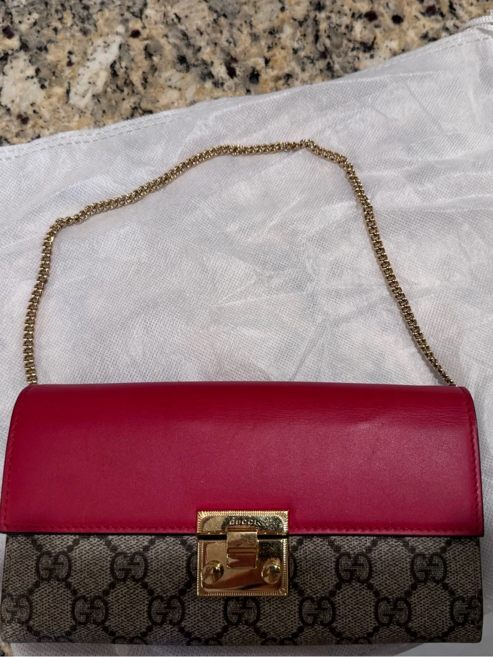 Gucci Red Leather & GG Monogram Continental Wallet with Gold Hardware